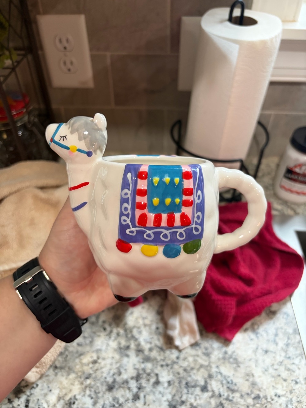 Colorful Ceramic Llama Planter - White with Multicolor Saddle